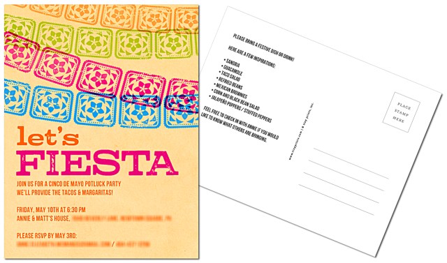 Our Fiesta invitation postcards for Diez de Mayo