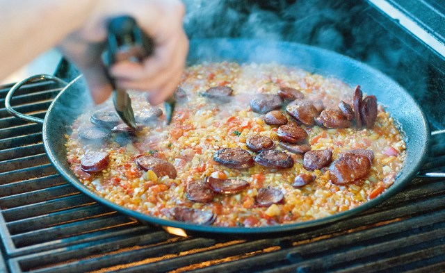 Adding the chorizo back into the rice